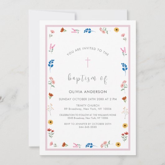 Elegant Wildflower Meisje Doop Doop Kaart (Voorkant)