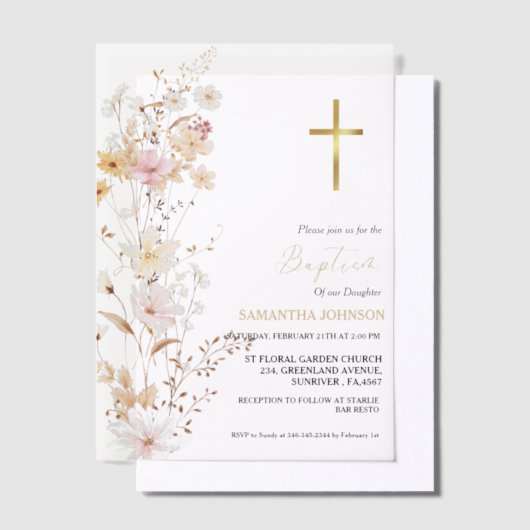 Elegant Wildflower Meisje Doop Doop Vellum Uitnodigingen (Offset)