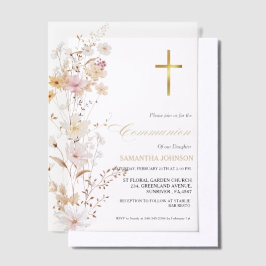 Elegant Wildflower Meisje Eerste Heilige Communie Vellum Uitnodigingen (Offset)