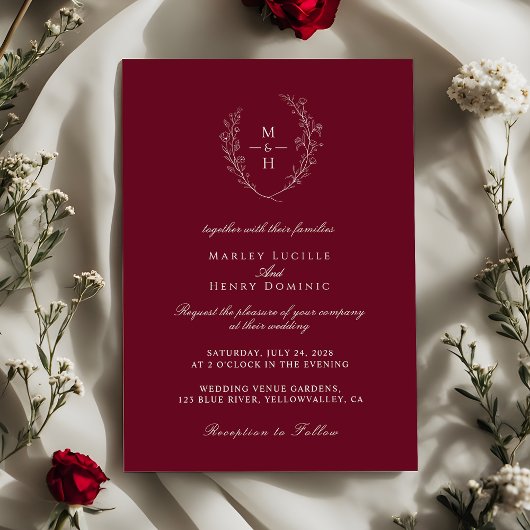 Elegant Wildflower Monogram Burgundy Wedding Kaart