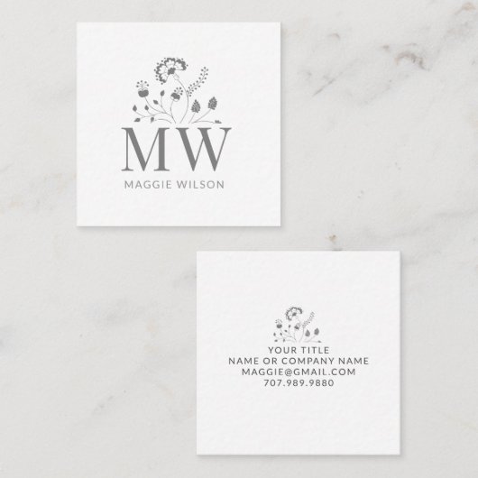 Elegant Wildflower Monogram Vierkante Visitekaartje (Voorkant / Achterkant)