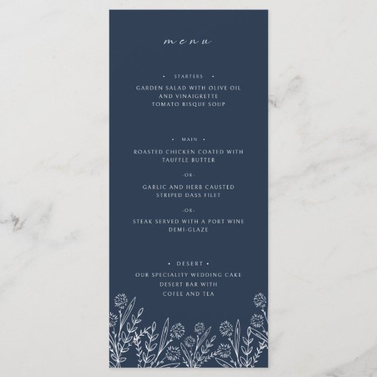 Elegant Wildflower Navy Blauw Bruiloft Diner Menu (Voorkant)