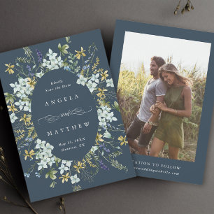 Elegant Wildflower Ovaal Lijst Bruiloft Foto Navy Save The Date