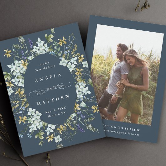 Elegant Wildflower Ovaal Lijst Bruiloft Foto Navy Save The Date