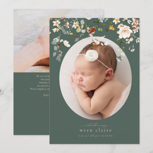 Elegant Wildflower Oval Fotogeboorte Aankondiging (Voorkant / Achterkant)