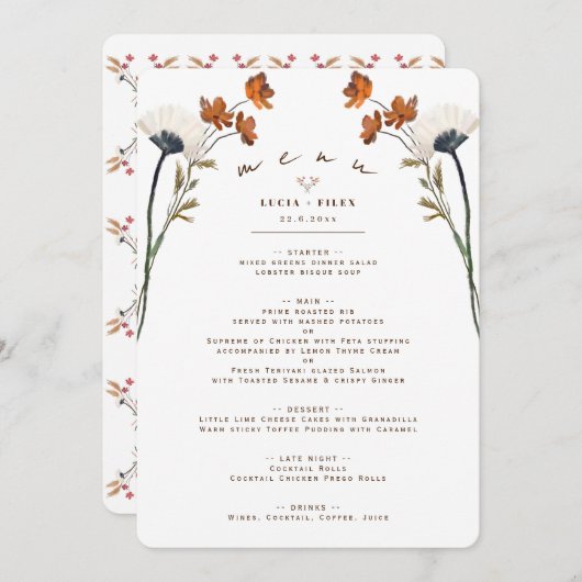 Elegant Wildflower Pattern Background Menu Kaart (Voorkant / Achterkant)