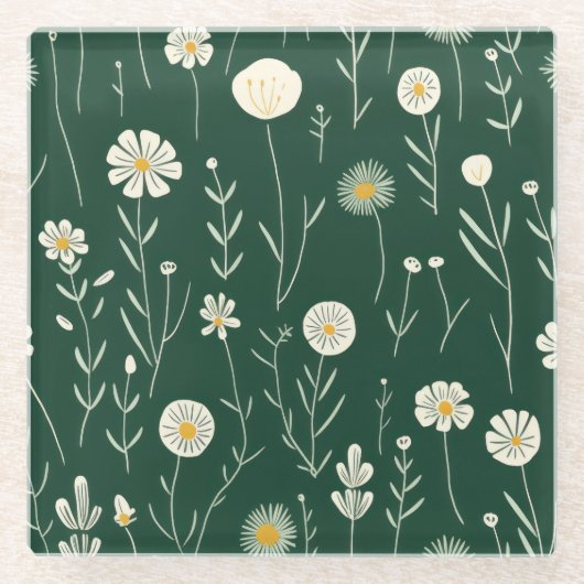 Elegant Wildflower Pattern on Dark Green  Glazen Onderzetter (Voorkant)