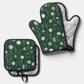 Elegant Wildflower Pattern on Dark Green  Ovenwant & Pannenlap Set (Voorkant / Achterkant)