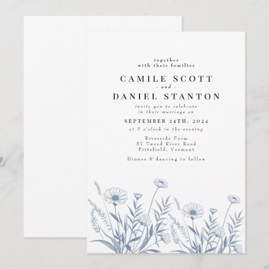 Elegant Wildflower Periwinkle Wedding Kaart (Voorkant / Achterkant)