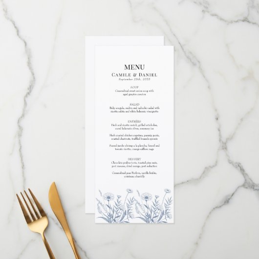 Elegant Wildflower Periwinkle Wedding Menu (Voorkant / Achterkant in situ)