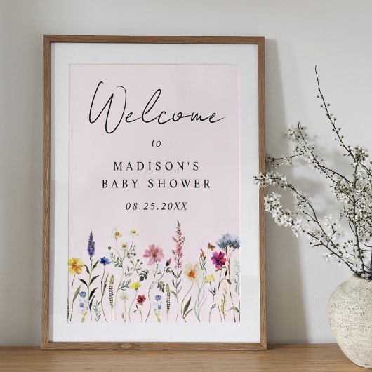Elegant Wildflower Roze Baby shower Welkomstbord Poster