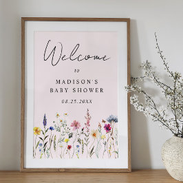 Elegant Wildflower Roze Baby shower Welkomstbord Poster
