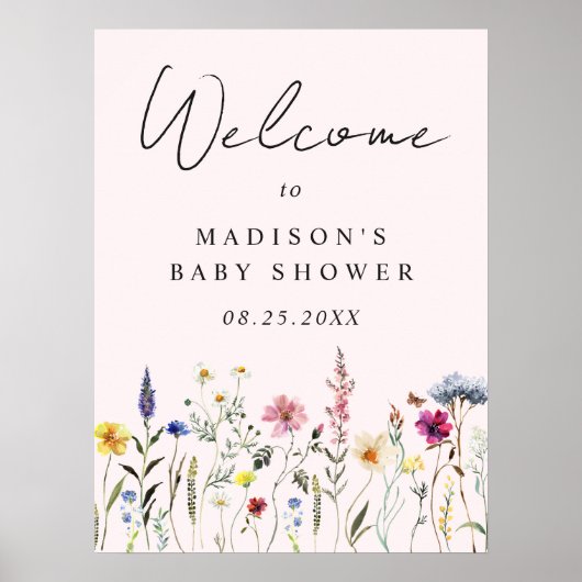 Elegant Wildflower Roze Baby shower Welkomstbord Poster (Voorkant)