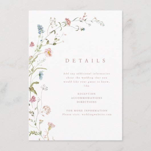 Elegant Wildflower Rustic Boho Wedding Details Informatiekaartje (Voorkant)