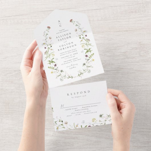 Elegant Wildflower Rustic Boho Wedding monogram All In One Uitnodiging (Afscheurbaar)