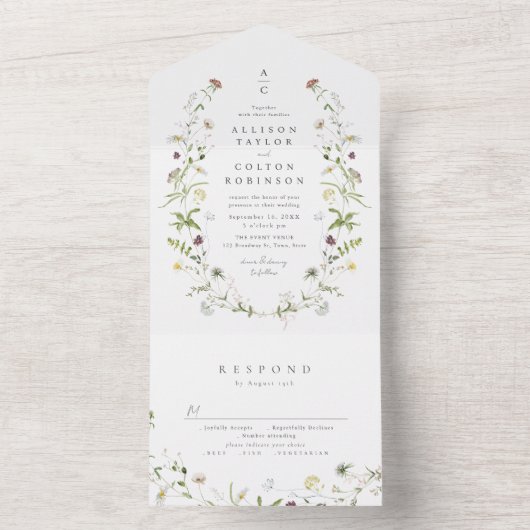 Elegant Wildflower Rustic Boho Wedding monogram All In One Uitnodiging (Binnen)
