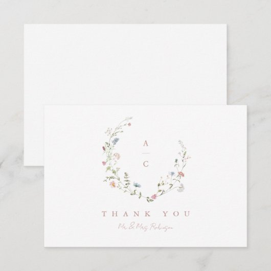 Elegant Wildflower Rustic Boho Wedding monogram Bedankkaart (Voorkant / Achterkant)