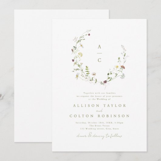 Elegant Wildflower Rustic Boho Wedding monogram Kaart (Voorkant / Achterkant)