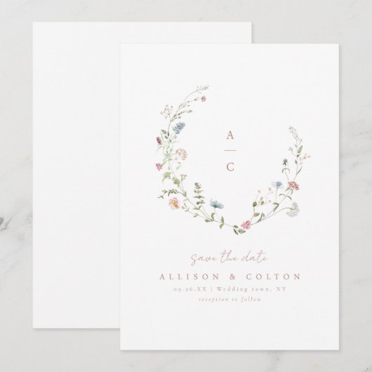 Elegant Wildflower Rustic Boho Wedding monogram Save The Date (Voorkant / Achterkant)