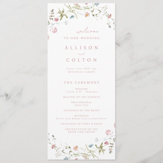 Elegant Wildflower Rustic Boho Wedding Programme Programmakaart (Voorkant)