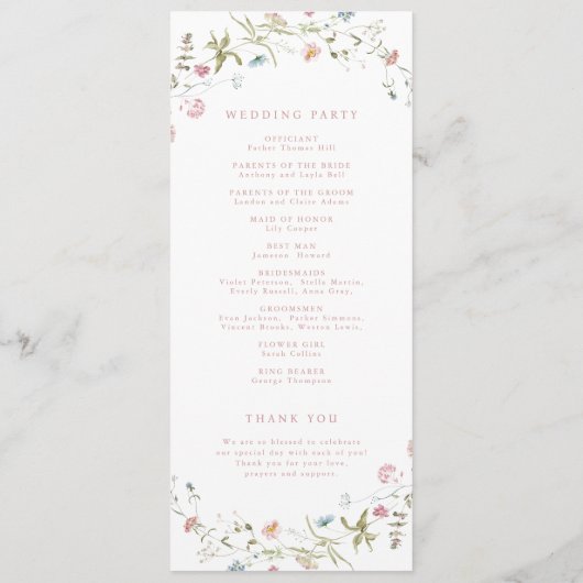 Elegant Wildflower Rustic Boho Wedding Programme Programmakaart (Achterkant)