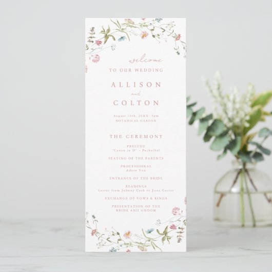 Elegant Wildflower Rustic Boho Wedding Programme Programmakaart (Staand voorkant)