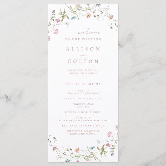 Elegant Wildflower Rustic Boho Wedding Programme Programmakaart (Voorkant)