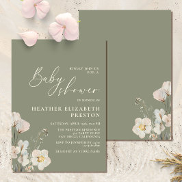 Elegant Wildflower Sage Green Baby shower Kaart