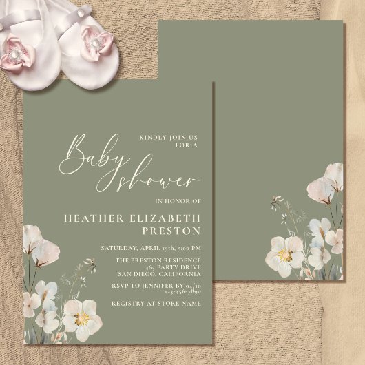 Elegant Wildflower Sage Green Baby shower Kaart