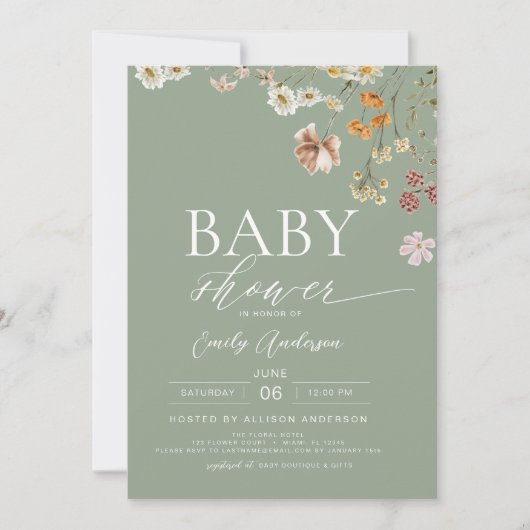 Elegant Wildflower Sage Green Boho Baby shower Kaart (Voorkant)