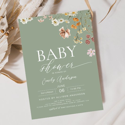 Elegant Wildflower Sage Green Boho Baby shower Kaart