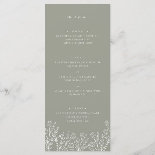 Elegant Wildflower Sage Groen Bruiloft Diner Menu (Voorkant)