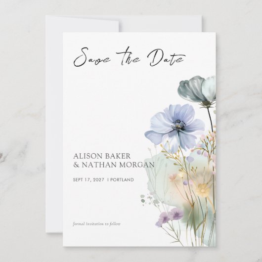 Elegant Wildflower Save the Date Kaart | Waterverf (Voorkant)