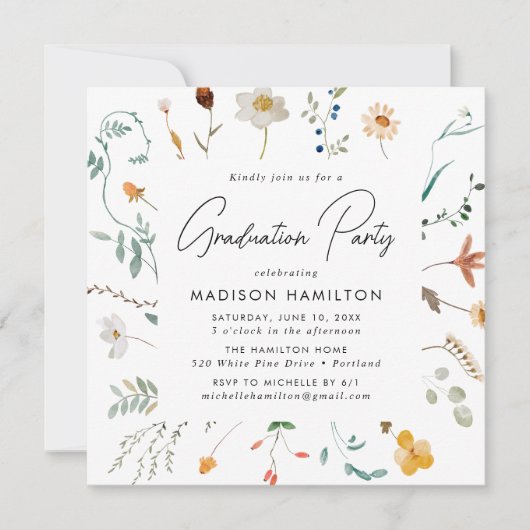 Elegant Wildflower Square Lijst Graduparty Kaart (Voorkant)