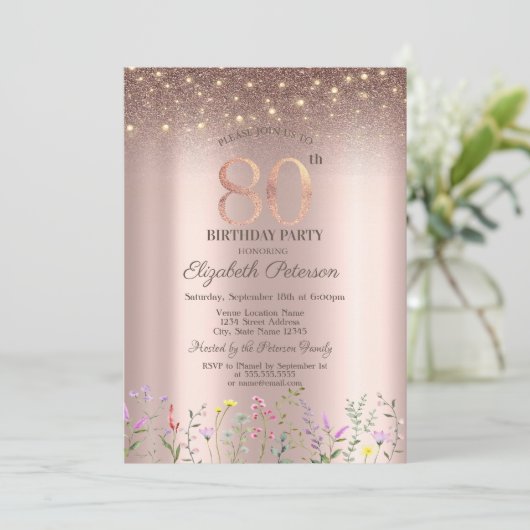 Elegant Wildflower, String Lights 80th Birthday Kaart (Staand voorkant)