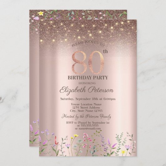 Elegant Wildflower, String Lights 80th Birthday Kaart (Voorkant / Achterkant)