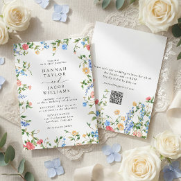 Elegant Wildflower Summer QR Code RSVP Wedding Kaart