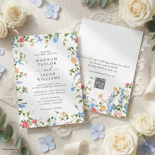 Elegant Wildflower Summer QR Code RSVP Wedding Kaart