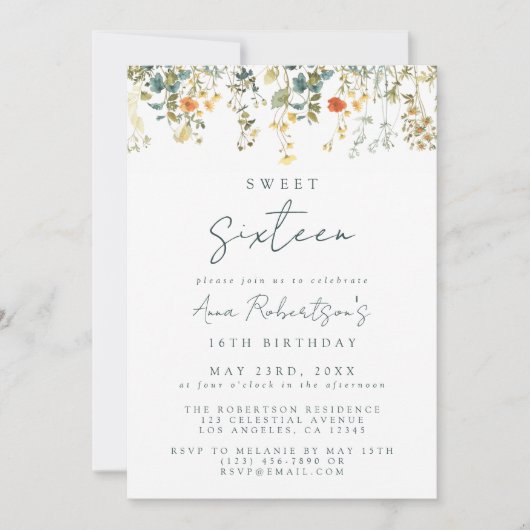 Elegant Wildflower Sweet 16 Verjaardag Kaart (Voorkant)
