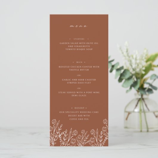 Elegant Wildflower Terracotta Bruiloft Diner Menu (Staand voorkant)