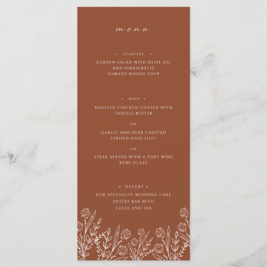 Elegant Wildflower Terracotta Bruiloft Diner Menu (Voorkant)