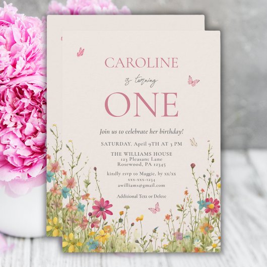 Elegant Wildflower Vlinder Meisje 1e Verjaardag Kaart