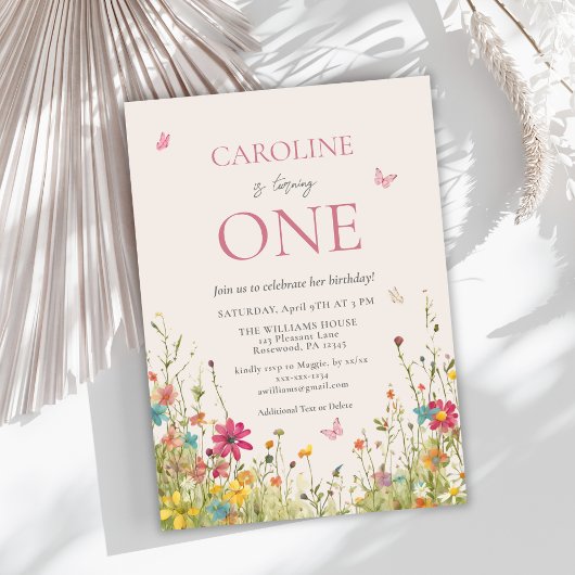 Elegant Wildflower Vlinder Meisje 1e Verjaardag Kaart
