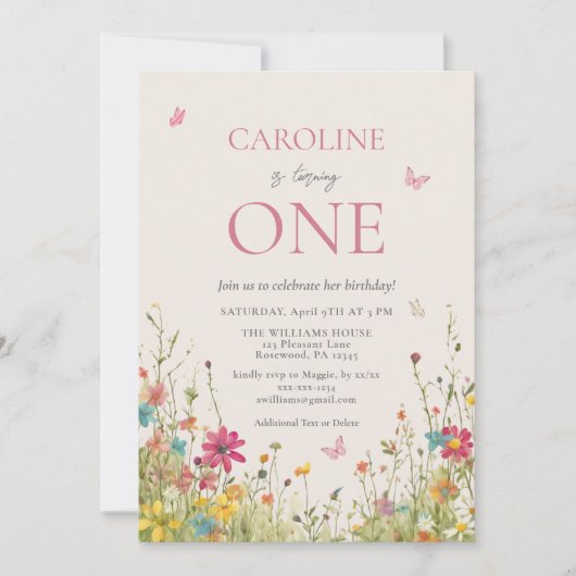 Elegant Wildflower Vlinder Meisje 1e Verjaardag Kaart (Voorkant)
