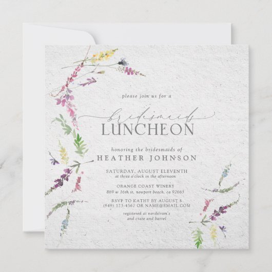 Elegant Wildflower Waterverf Bridal Luncheon Kaart (Voorkant)