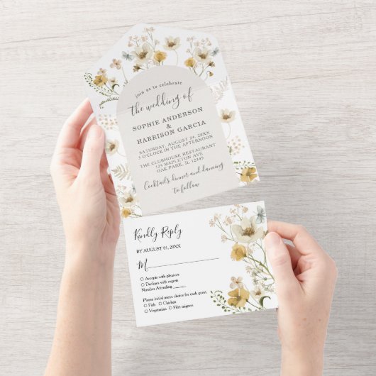 Elegant Wildflower Waterverf Floral Boho Wedding All In One Uitnodiging (Afscheurbaar)