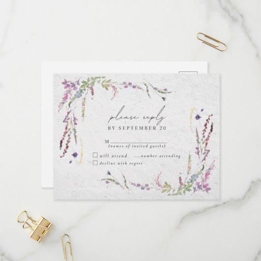 Elegant Wildflower Waterverf Modern Wedding RSVP Uitnodiging Briefkaart (Voorkant / Achterkant in situ)