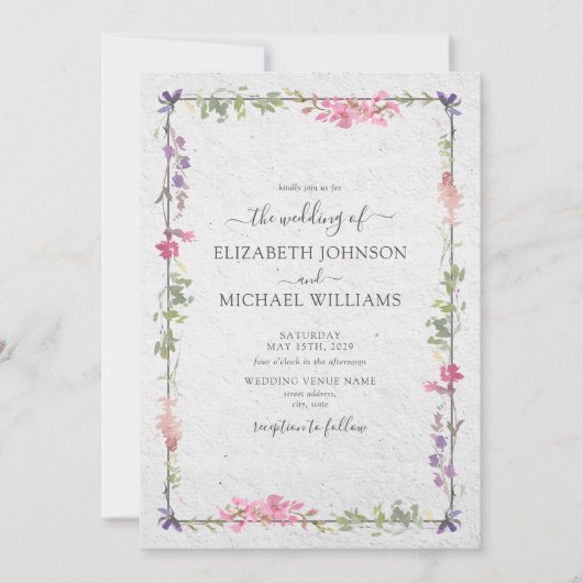 Elegant Wildflower Waterverf Tuinbruiloft Kaart (Voorkant)