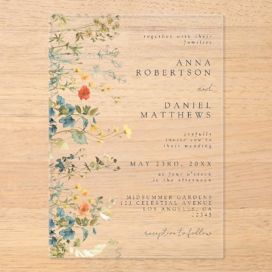 Elegant Wildflower Wedding Acryl Uitnodigingen (Voorkant)