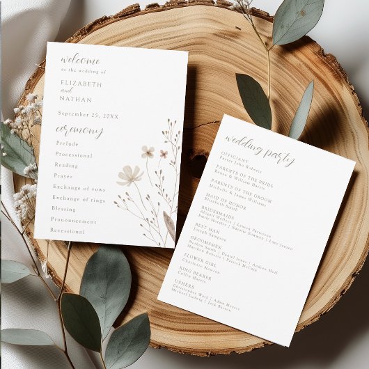 Elegant Wildflower Wedding Ceremony Program Card Kaart